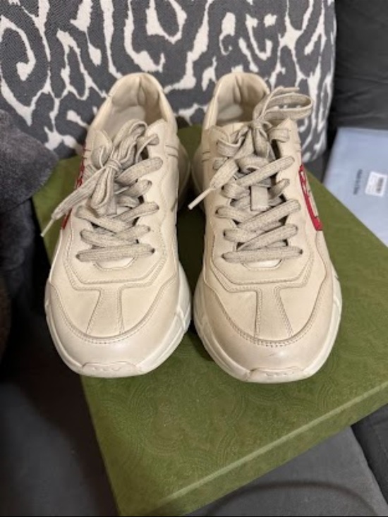 Gucci Shoes - Gucci Beige Leather Sneakers with Red Side Detail